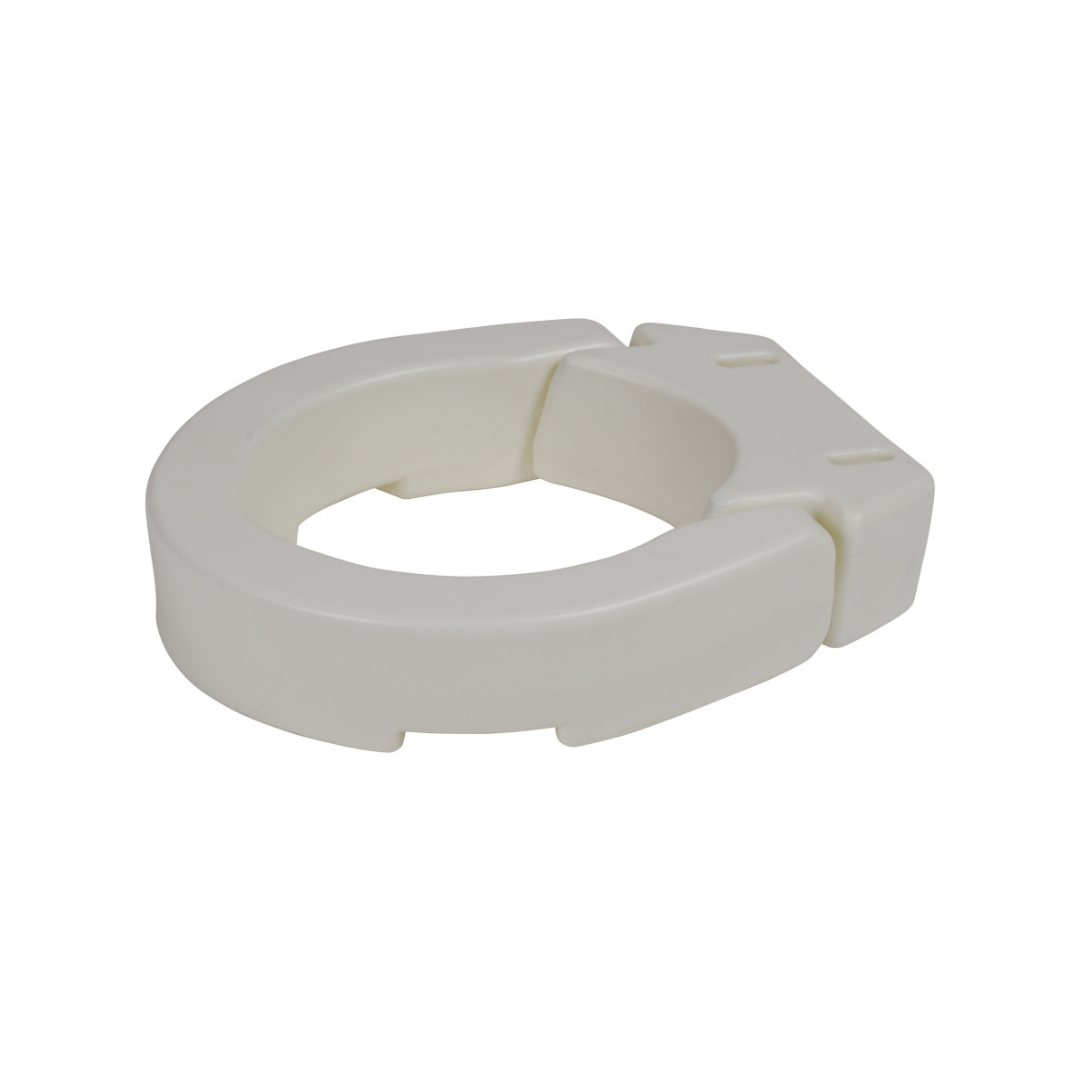 The Drive Hinged Toilet Seat Riser - 3.5 Inch is a white, oval riser with a contoured design and secure slots that fits standard bowls, adding bathroom safety.